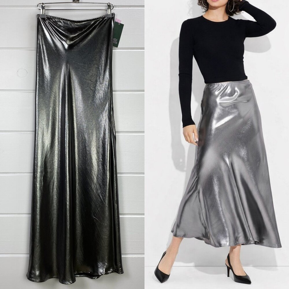 NEW Y2K Liquid Metal Silver Trumpet‎ Maxi Skirt XXS Wild Fable Glam NYE Formal